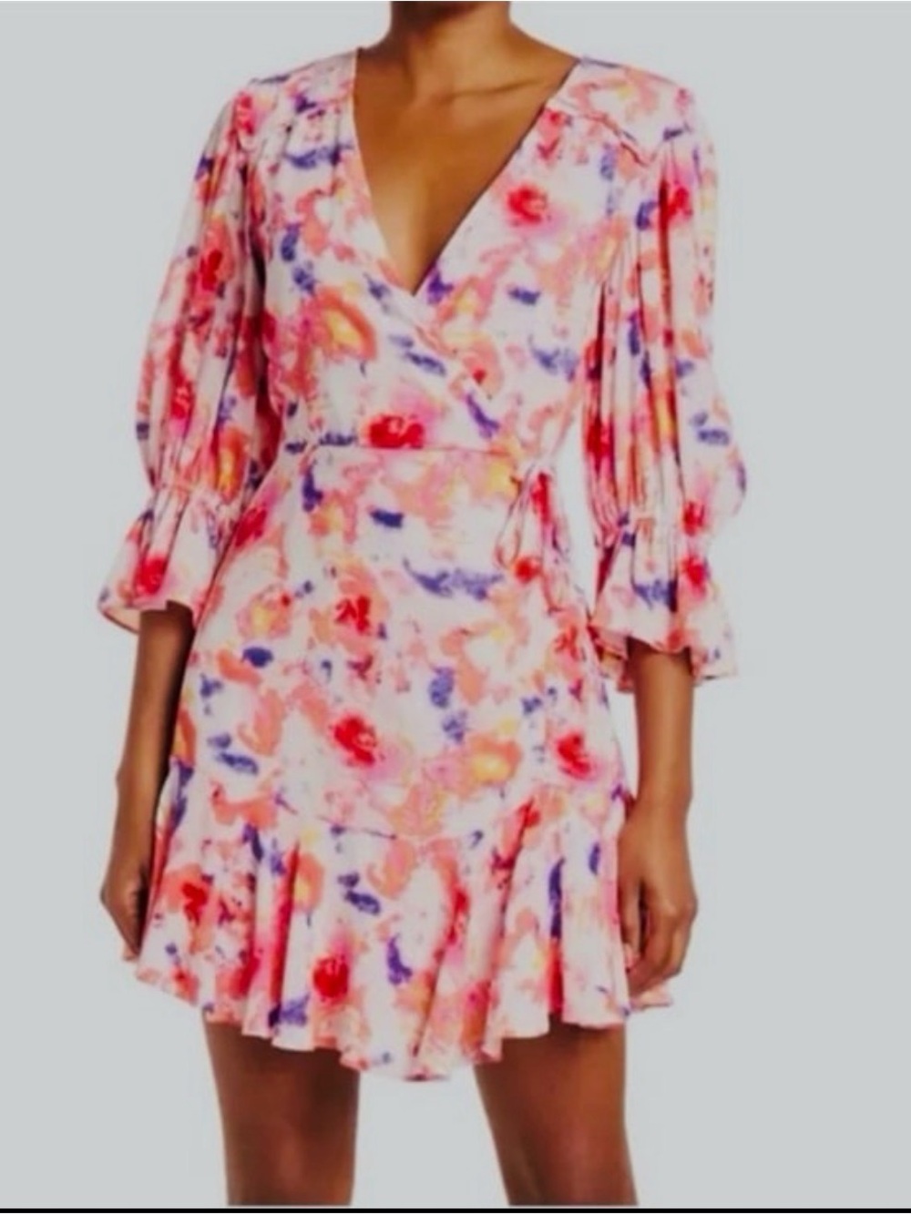 BETSEY JOHNSON SUNSET FLORAL FAUX WRAP DRESS SIZE 14 RUFFLE HEM WEDDING PARTY